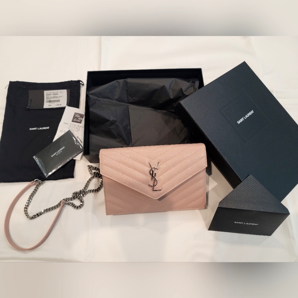 YSL Saint Laurent Wallet on a Chain (WOC) Pale Pink